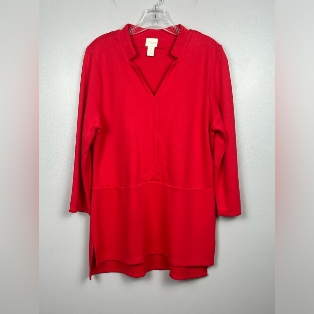 Chico’s red 3/4 sleeve v-neck blouse top, size 2 = large.